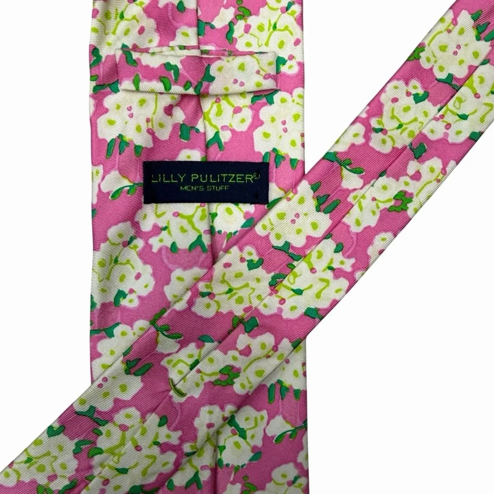 Lilly Pulitzer Men's Stuff Tie Pink/Green Floral Satin Silk USA 3.75